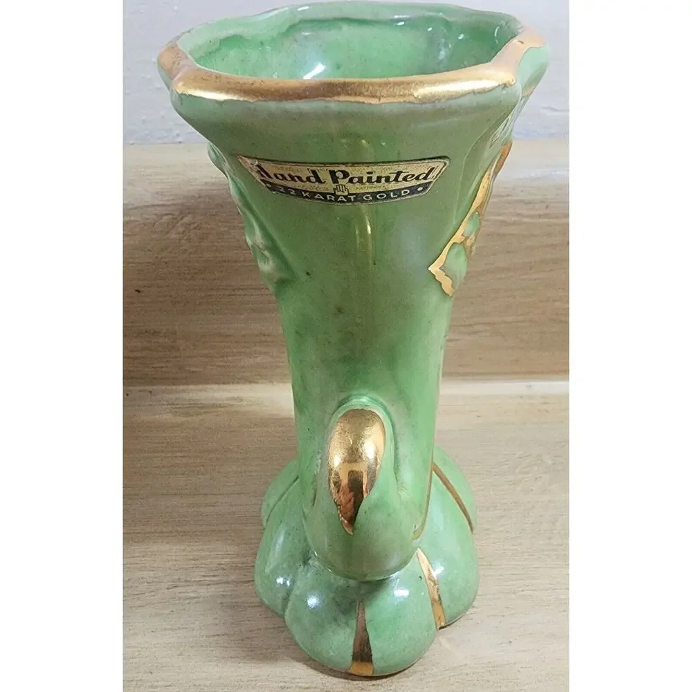 Apco American Bisque Green 22 Kt Gold Cornucopia Vase Hand Painted 4 3/4